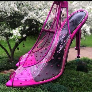 Tom Ford Pink Clear PVC Leather Crystal Embellished Slingback Pumps Heel…
